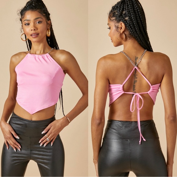 Pink scarf style chain halter top in Barbie pink - Picture 4 of 7